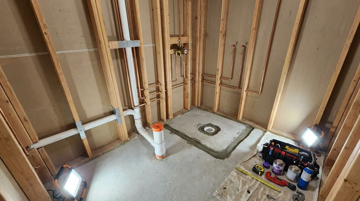 Bathroom rough-in plumbing during remodel by Johns Plumbing LLC in Broomall