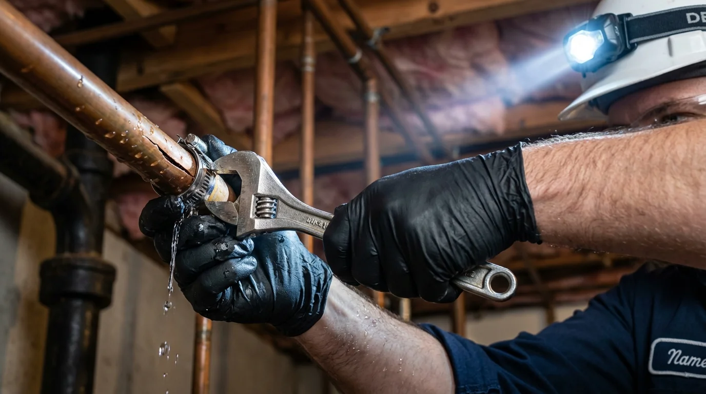 Emergency pipe clamp repair being performed by a Johns Plumbing LLC plumber in Broomall