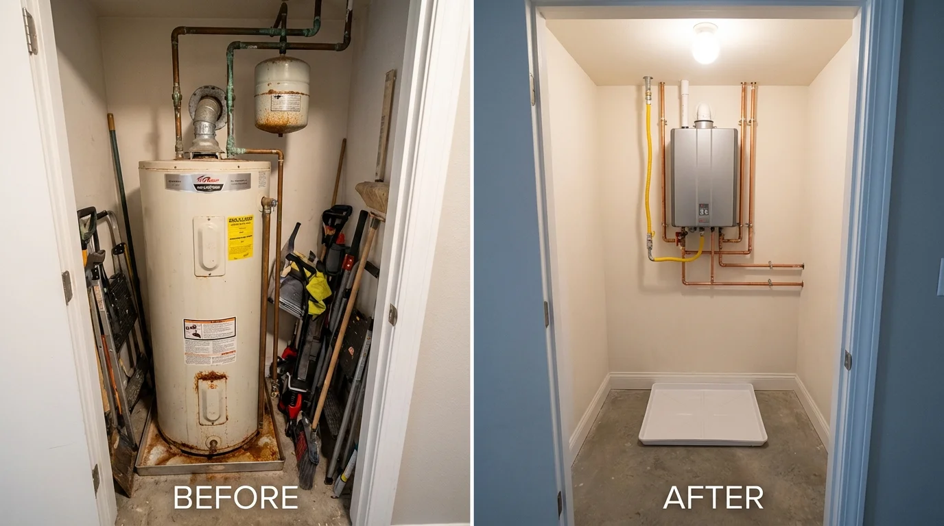 Tank water heater versus wall-mounted tankless unit comparison for Broomall, PA homeowners