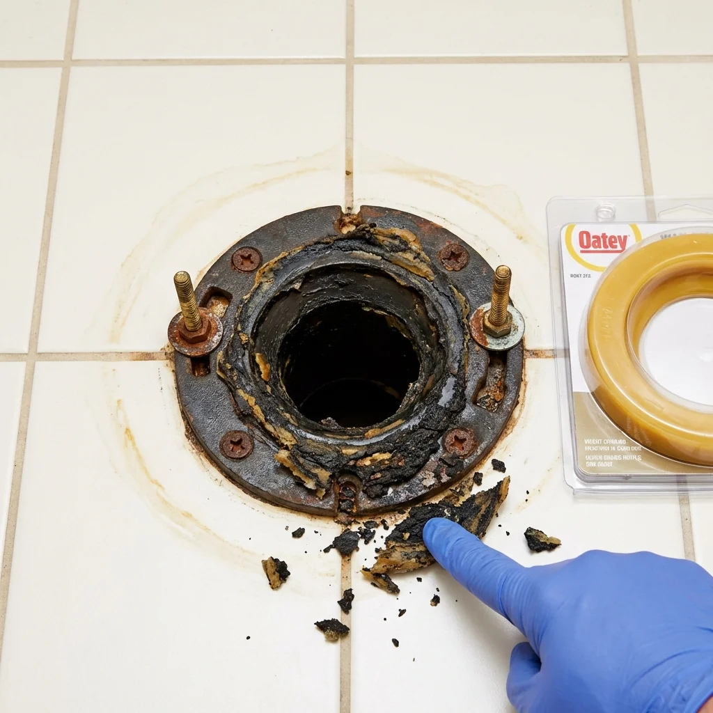 Failed wax ring showing water seepage at the base of a toilet in a Broomall, PA home