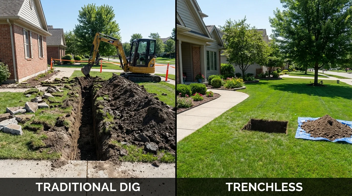 Trenchless sewer repair with minimal yard damage versus traditional excavation in Broomall, PA