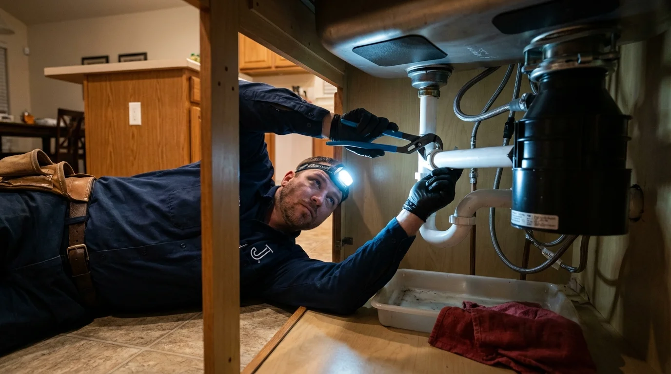 P-trap and supply line connections under a kitchen sink showing a common leak point in Broomall, PA